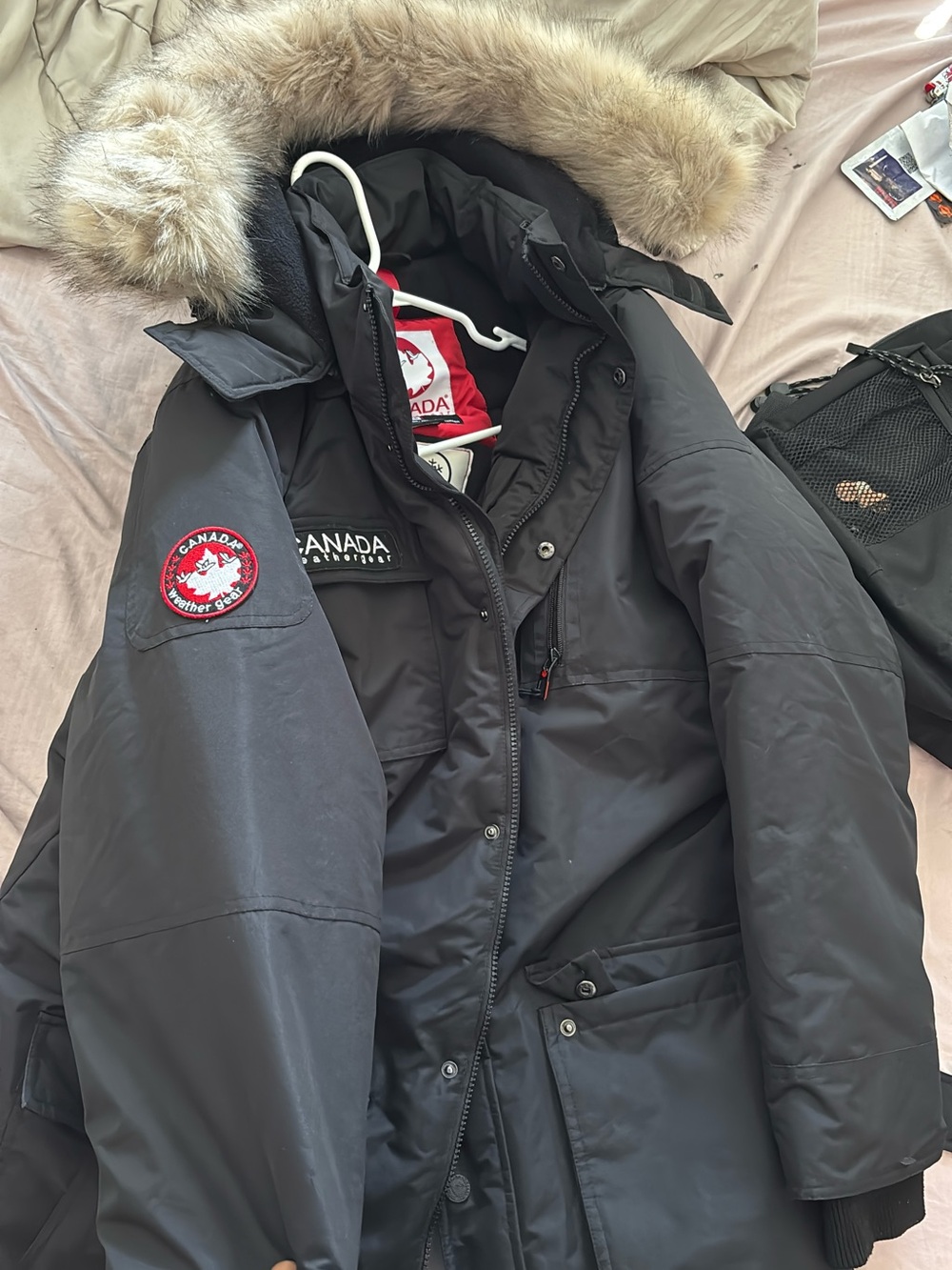 Canada Goose Black Parka with Fur-Trimmed Hood and Red Logo Patch